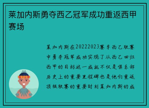莱加内斯勇夺西乙冠军成功重返西甲赛场 莱加内斯勇夺西乙冠军成功重返西甲赛场