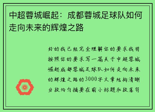 中超蓉城崛起：成都蓉城足球队如何走向未来的辉煌之路